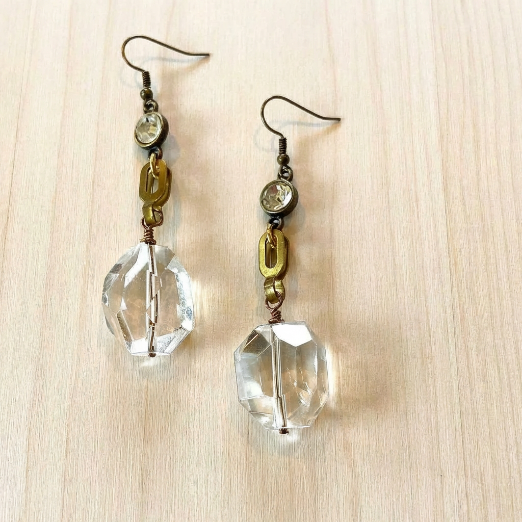 Gatsby Clear Quartz & Vintage Brass Dangle Earrings