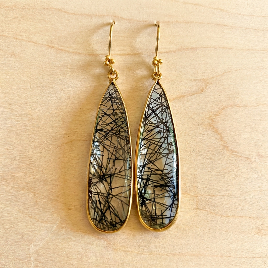 Black Rutilated Quartz Elongated Teardrop Earrings