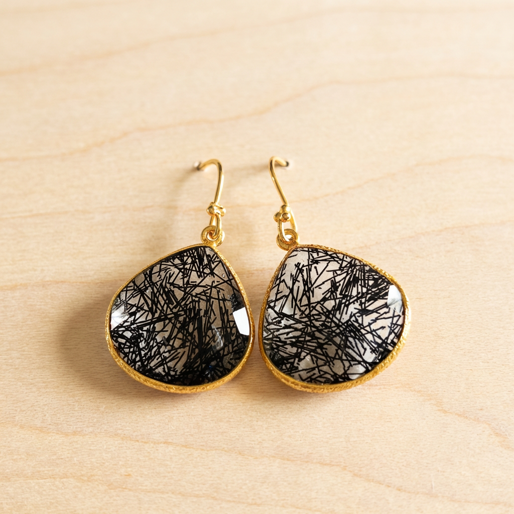 Black Rutilated Quartz Teardrop Drop Earrings
