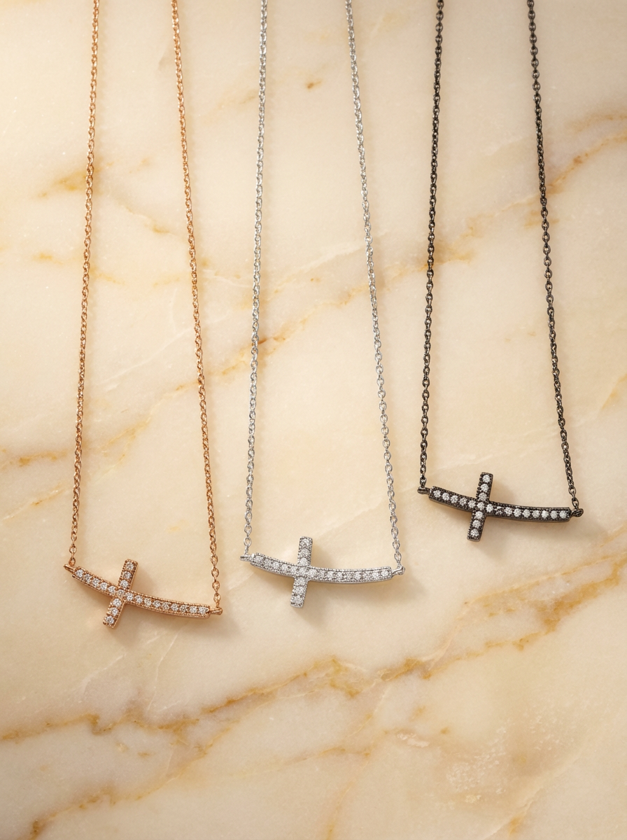 Sideways Grace Simulated Diamonds Cross Necklace