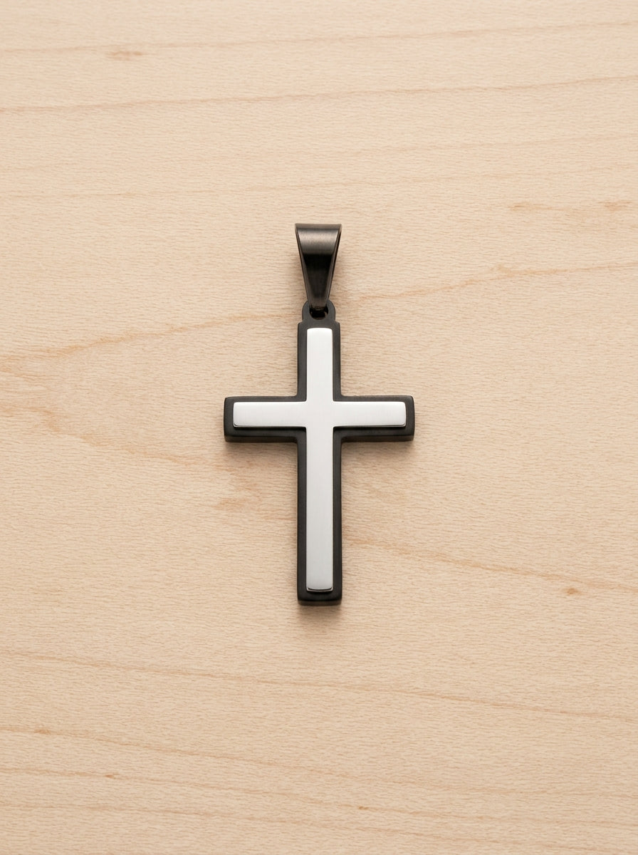 Sanctus Two-Tone Bold Cross Pendant | Black Stainless Steel with 20K Gold or Rhodium Inlay