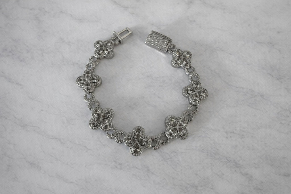 Silver Blossom Cluster Bracelet | Simulated Diamond | Rhodium Plated | Quatrefoil Flower Link