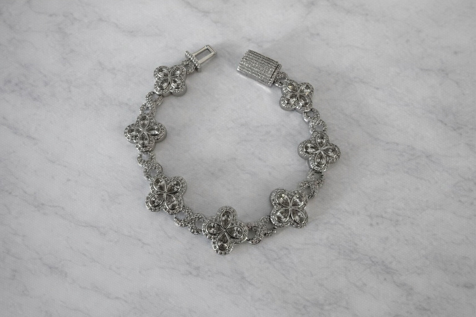 Silver Blossom Cluster Bracelet | Simulated Diamond | Rhodium Plated | Quatrefoil Flower Link