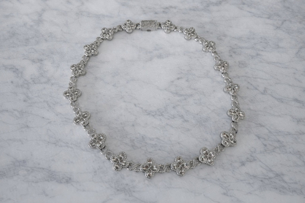 Silver Blossom Cluster Necklace | Simulated Diamond | Rhodium Plated | Quatrefoil Flower Link