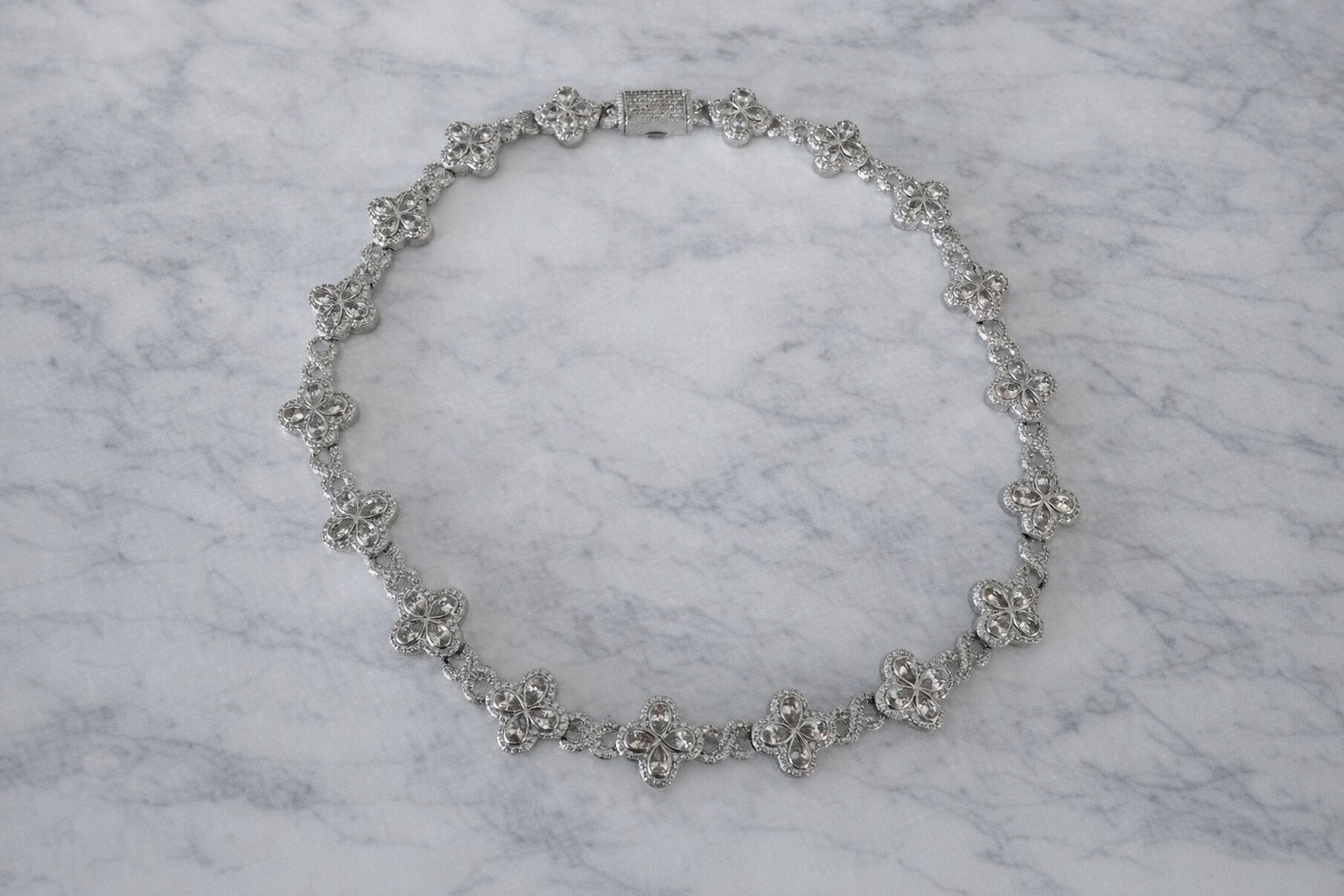 Silver Blossom Cluster Necklace | Simulated Diamond | Rhodium Plated | Quatrefoil Flower Link