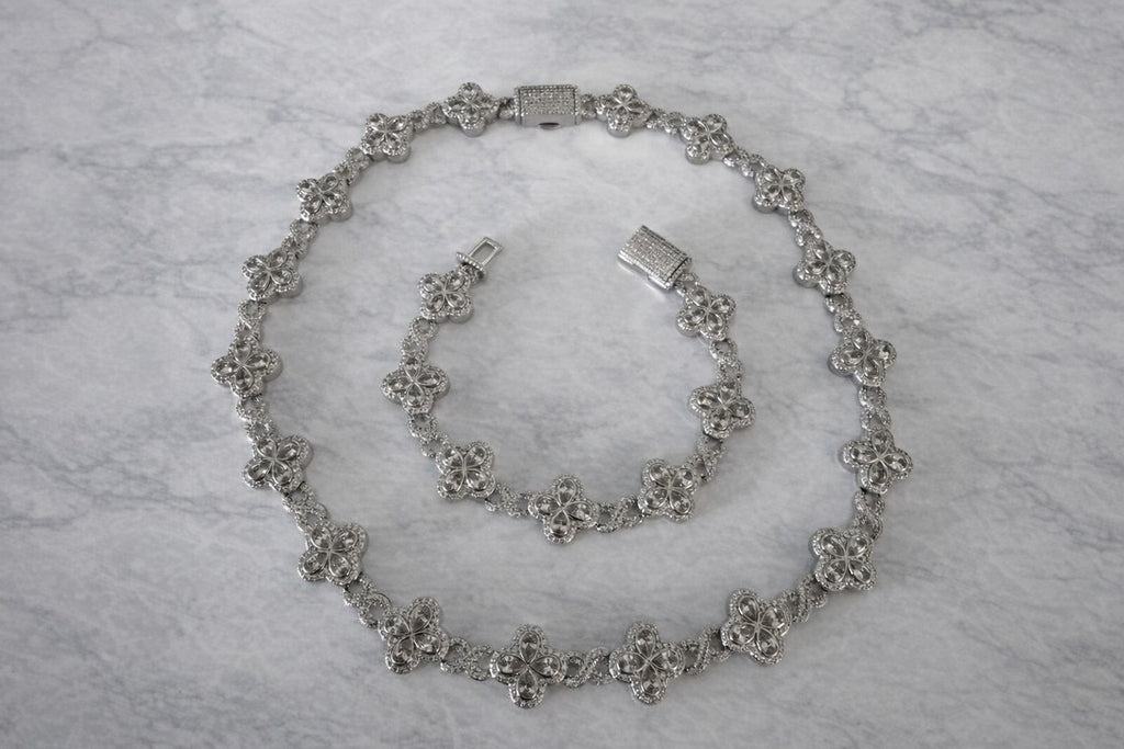 Silver Blossom Cluster Bracelet | Simulated Diamond | Rhodium Plated | Quatrefoil Flower Link
