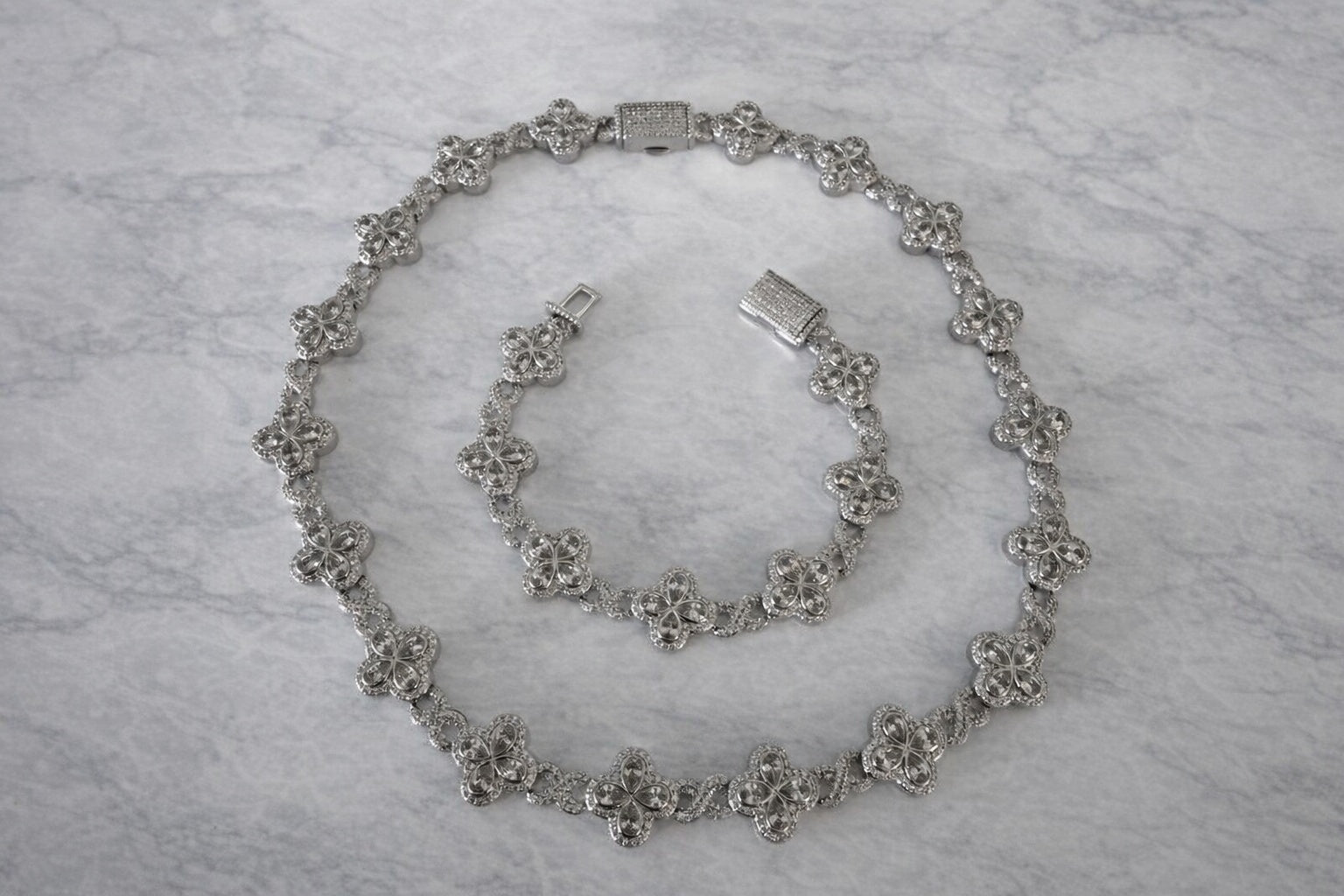 Silver Blossom Cluster Bracelet | Simulated Diamond | Rhodium Plated | Quatrefoil Flower Link