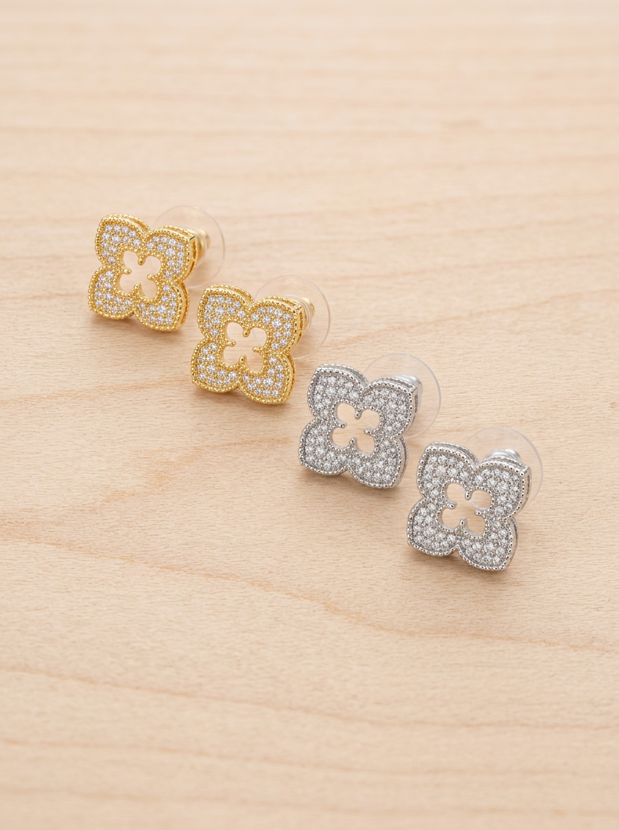 Fleur Belle Pave Simulated Diamond Quatrefoil Stud Earrings