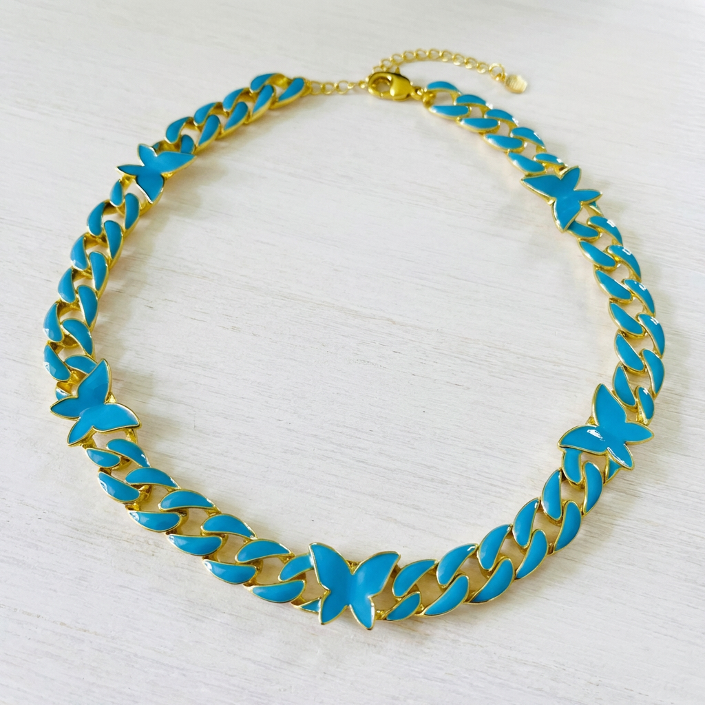 Flutter Enamel Butterfly Cuban Link Chain Necklace