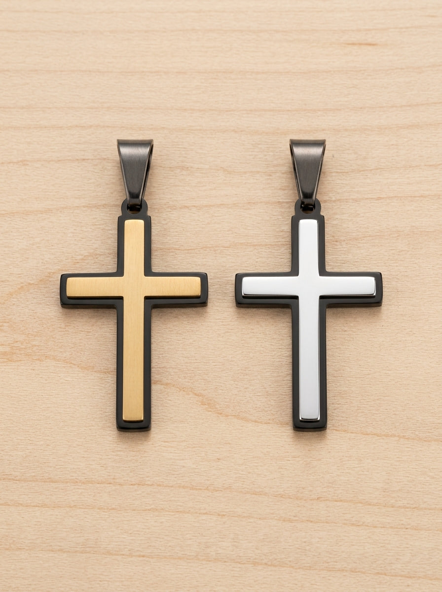 Sanctus Two-Tone Bold Cross Pendant | Black Stainless Steel with 20K Gold or Rhodium Inlay