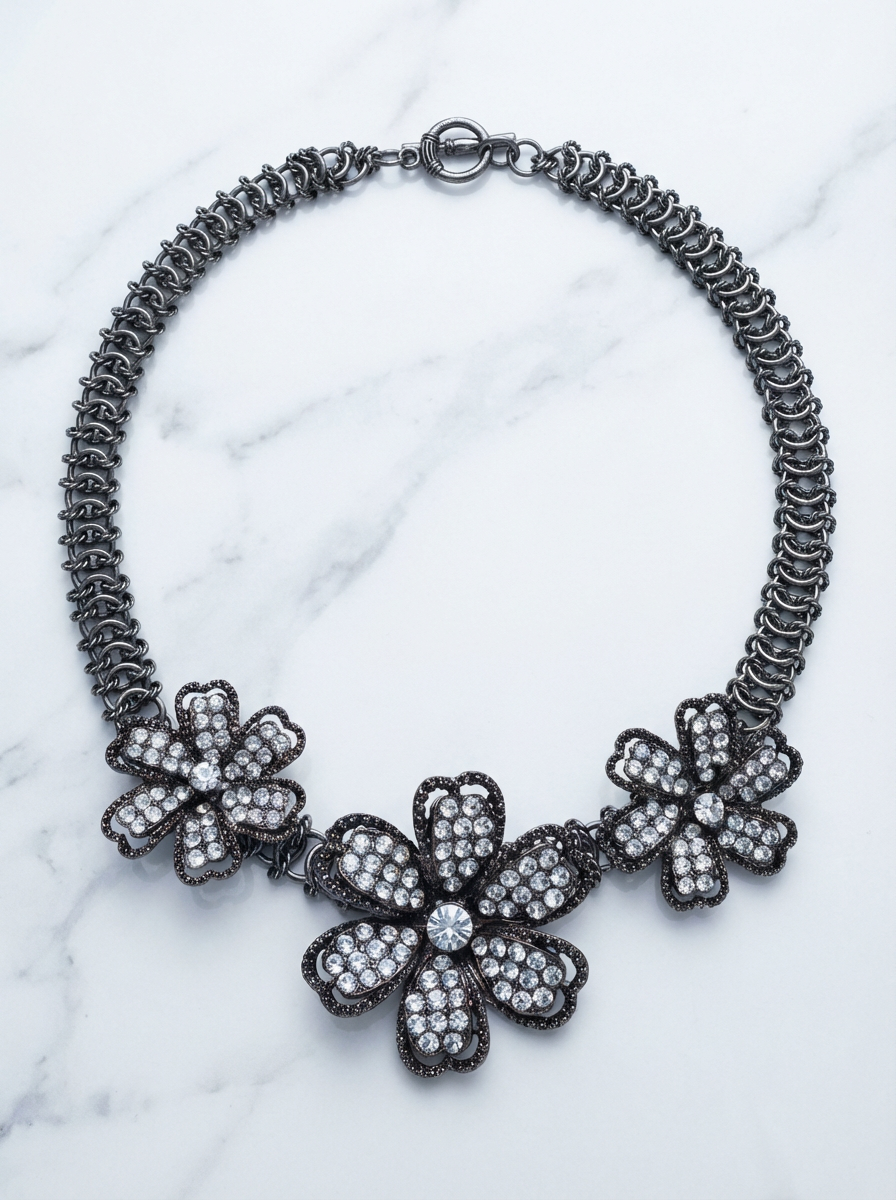 Midnight Bloom Oxidized Crystal Flower Statement Necklace