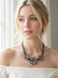 Midnight Bloom Oxidized Crystal Flower Statement Necklace