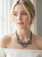 Midnight Bloom Oxidized Crystal Flower Statement Necklace