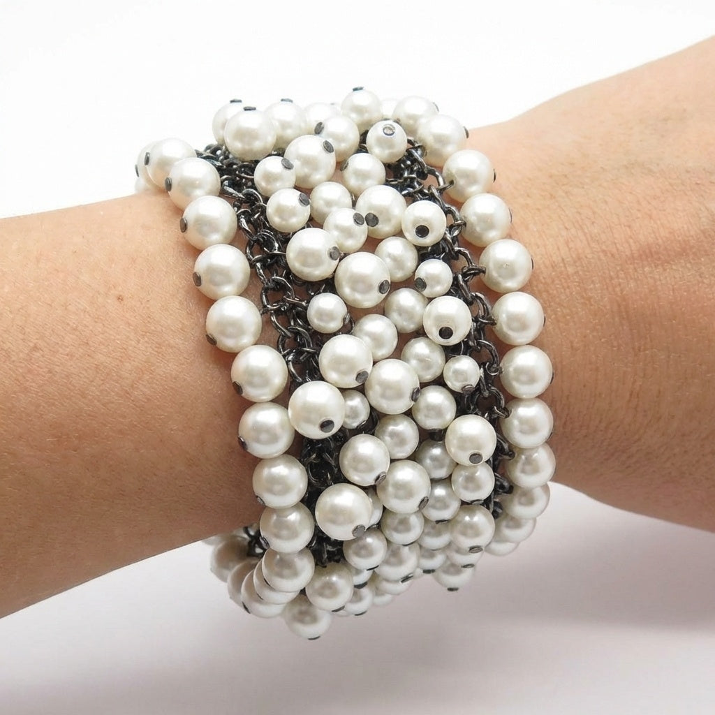 Vintage White Pearl Cluster Cuff Bracelet - One of a Kind