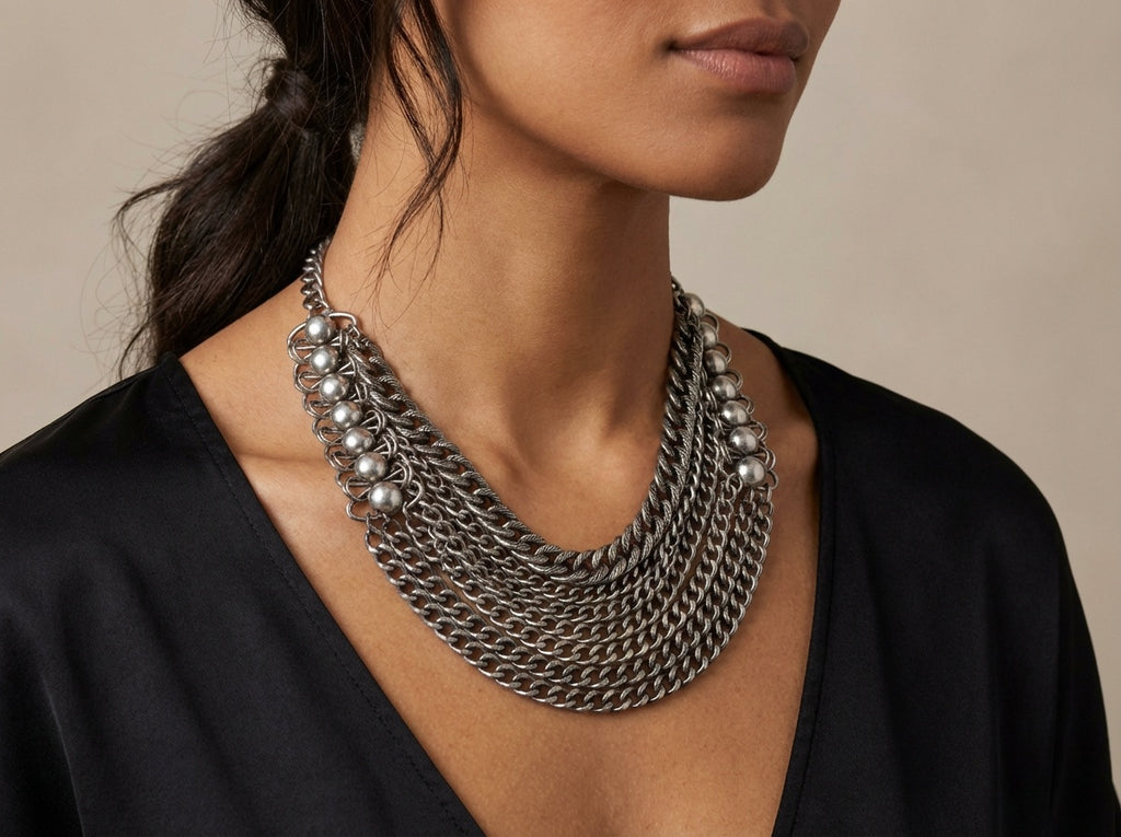 Empress Vintage Silver Multi-Strand Pearl Bib Necklace
