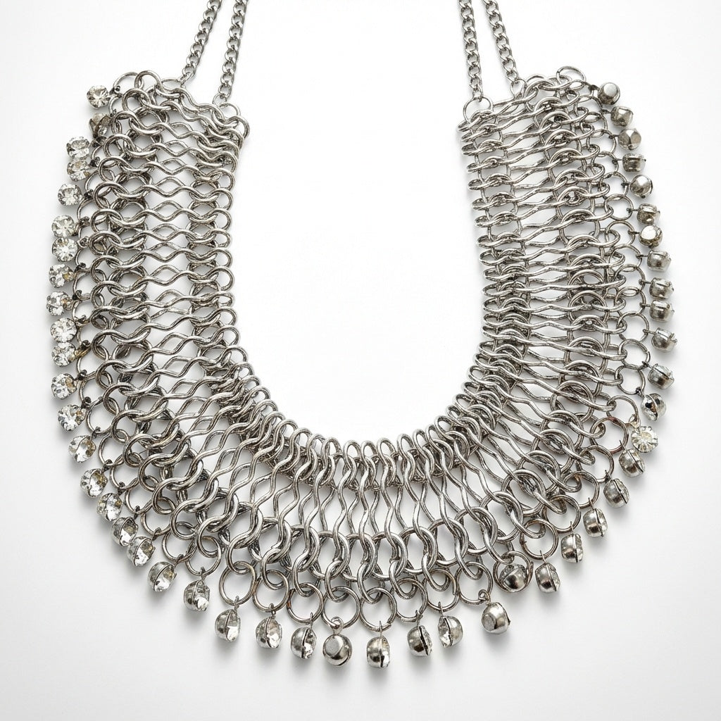 Empress Chainmail Bib Necklace - Vintage Silver Statement Collar with Quartz Fringe