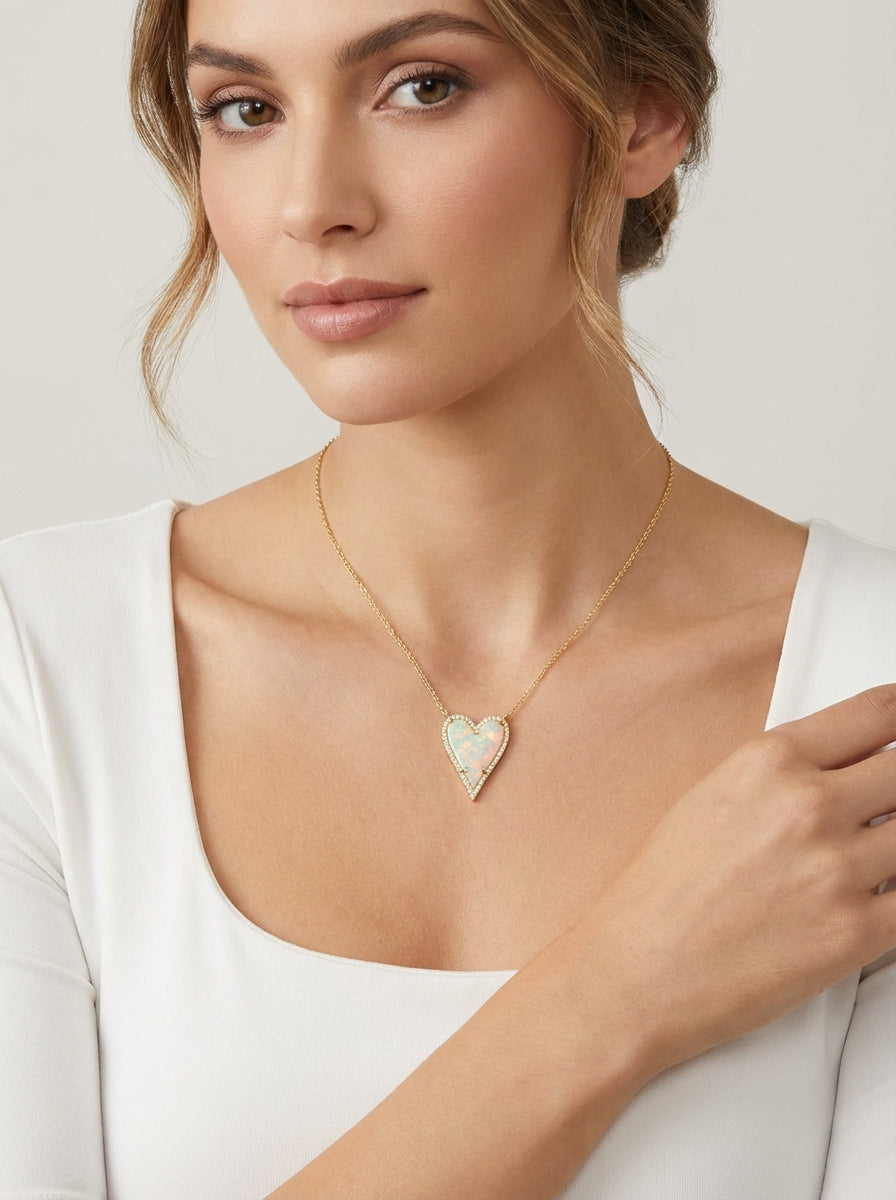 Amore Ethiopian White Opal Heart Necklace