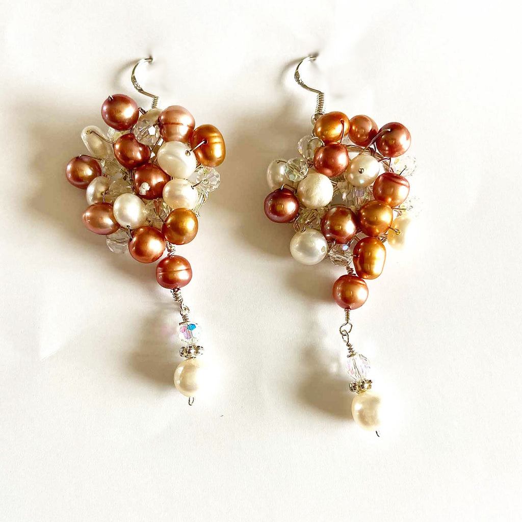 Copper & Cream Pearl Bouquet Drop Earrings
