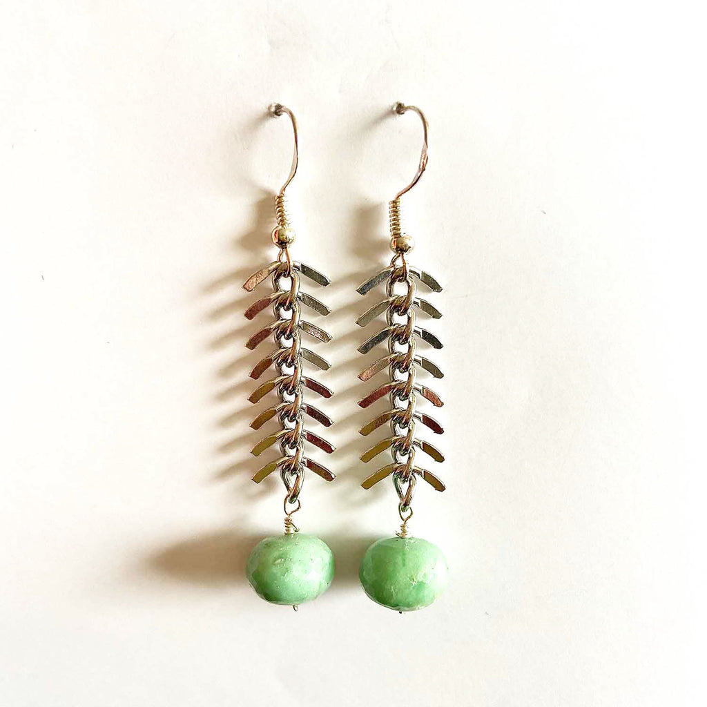 Chrysoprase & Fishbone Chain Drop Earrings