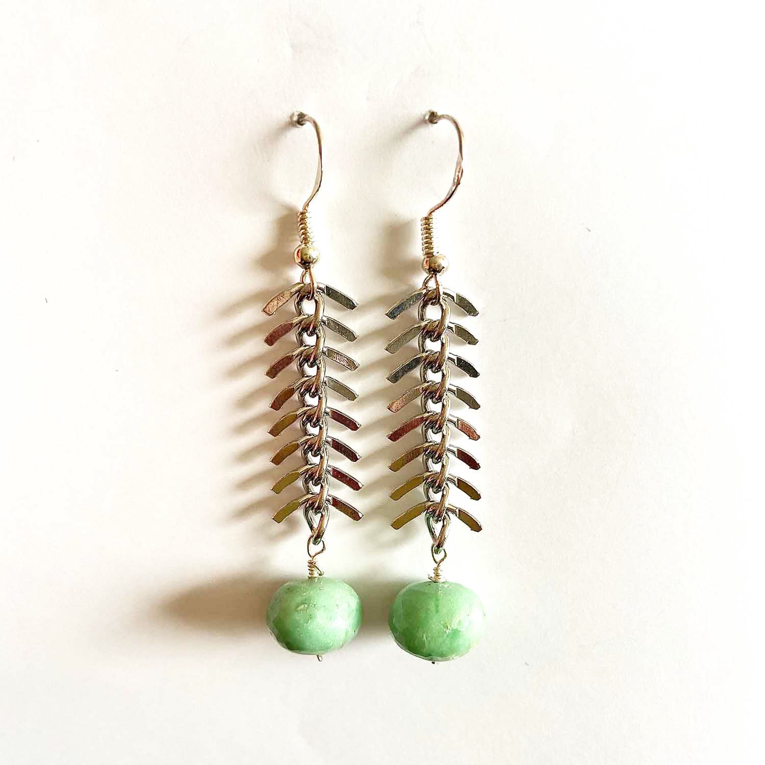 Chrysoprase & Fishbone Chain Drop Earrings