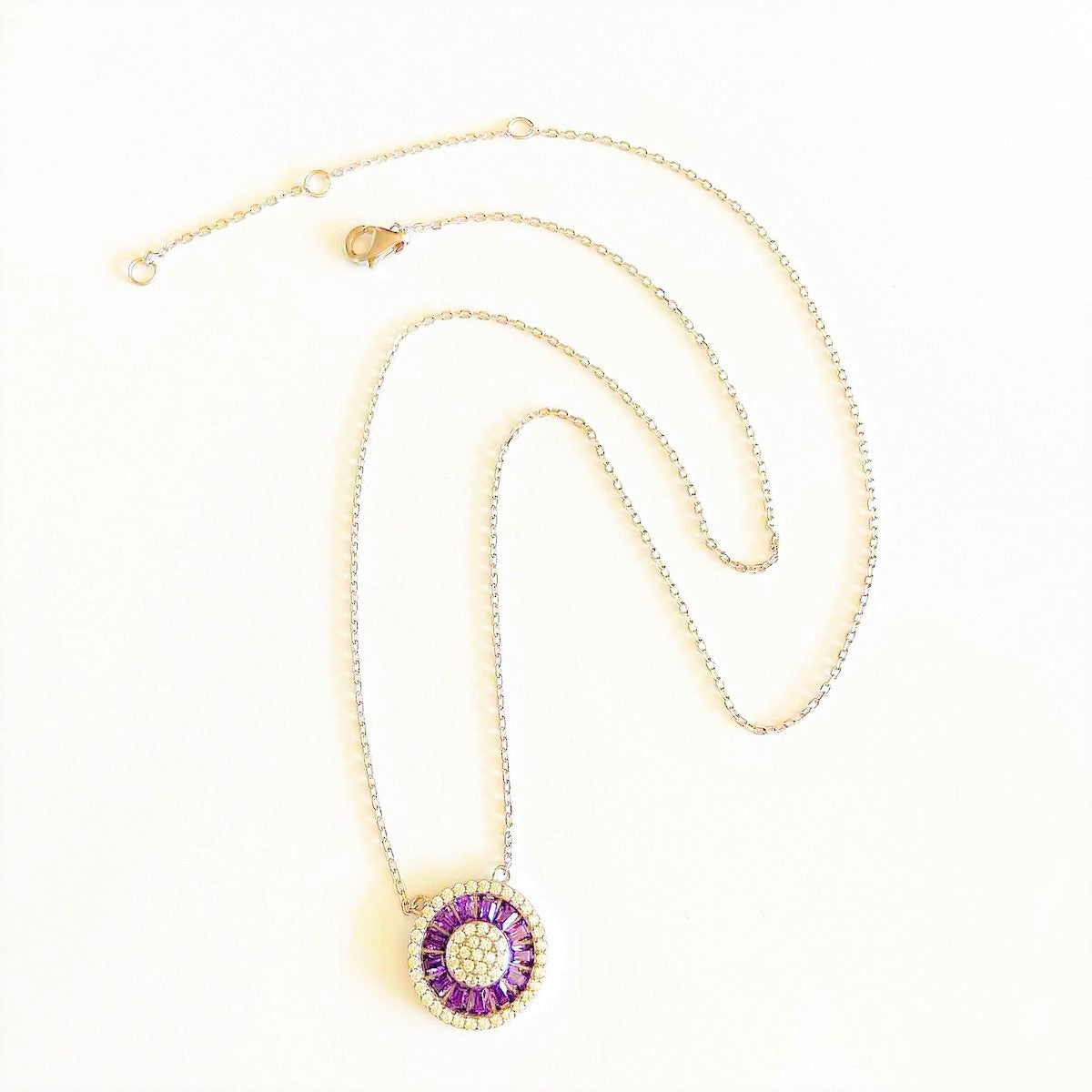 Aurora Amethyst Baguette Halo Disc Necklace