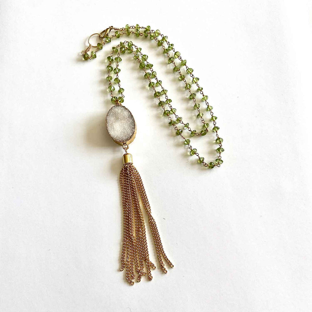 Sunlit Garden Peridot & Druzy Tassel Necklace
