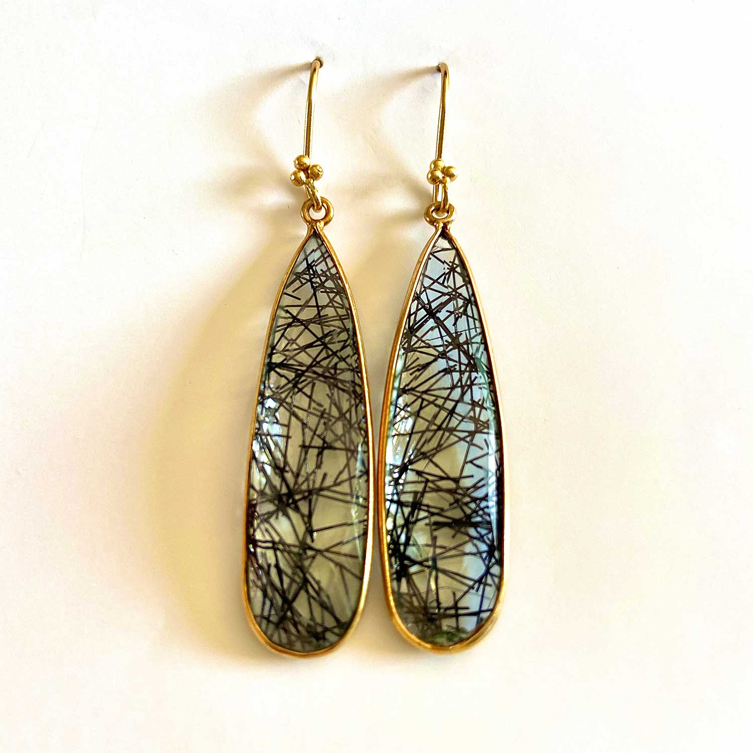 Black Rutilated Quartz Elongated Teardrop Earrings