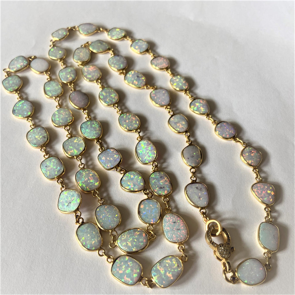 Large Oval Opal Necklace with 18 K Gold Filled and Diamond Closure