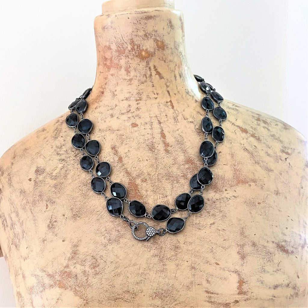 Black spinel and sterling silver necklace with diamond pave closure