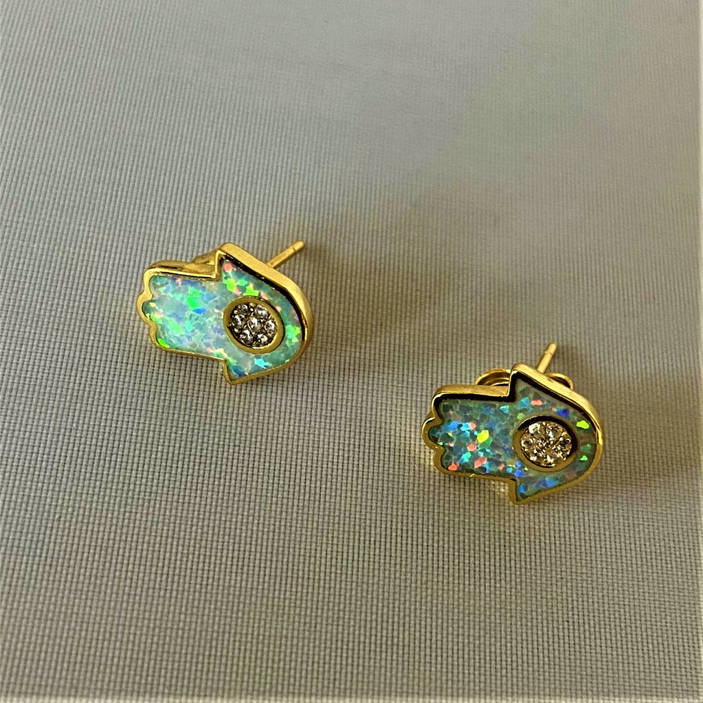 Hamsa Opal Gold Quartz Earrings