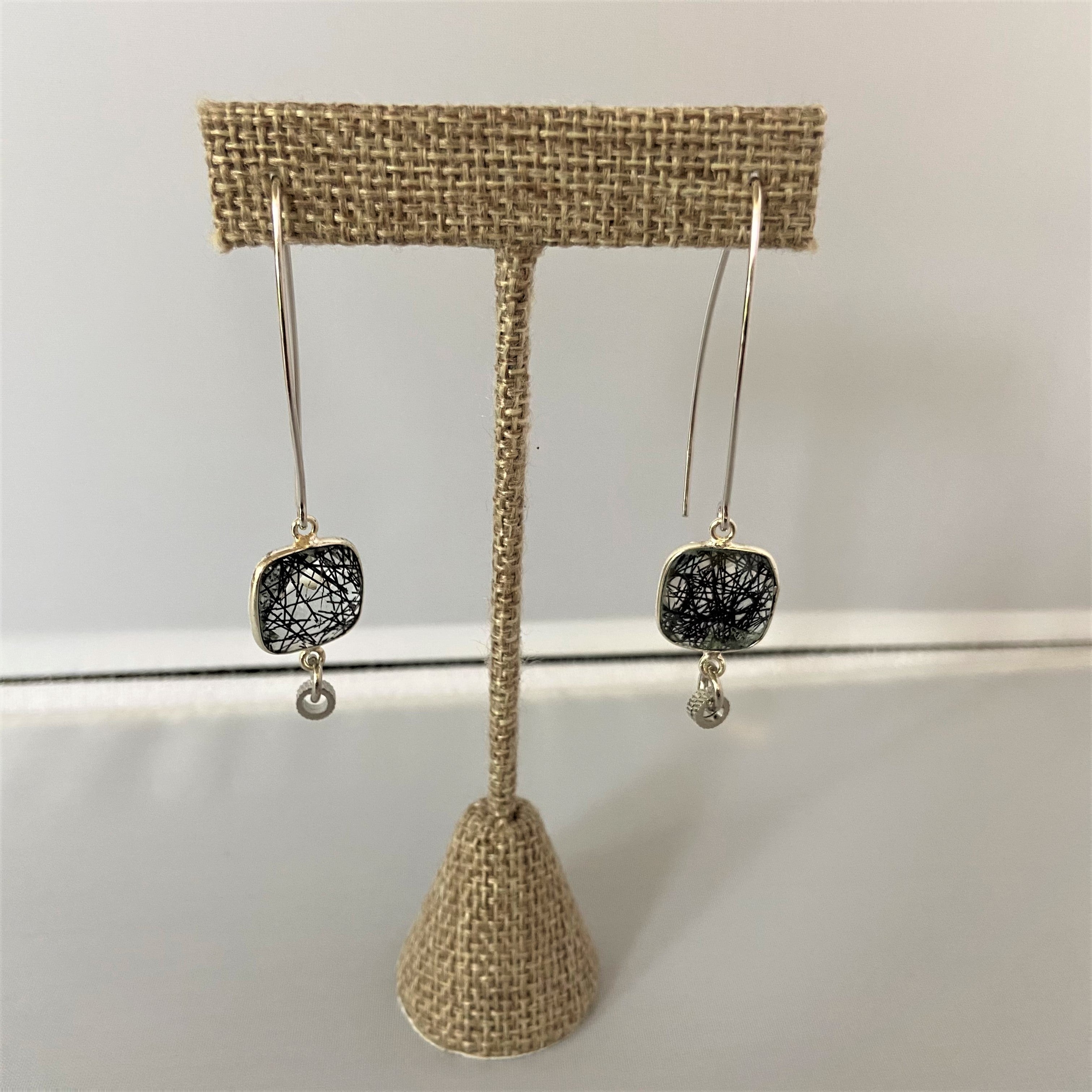 Black Rutilated Quartz Cushion Drop Earrings