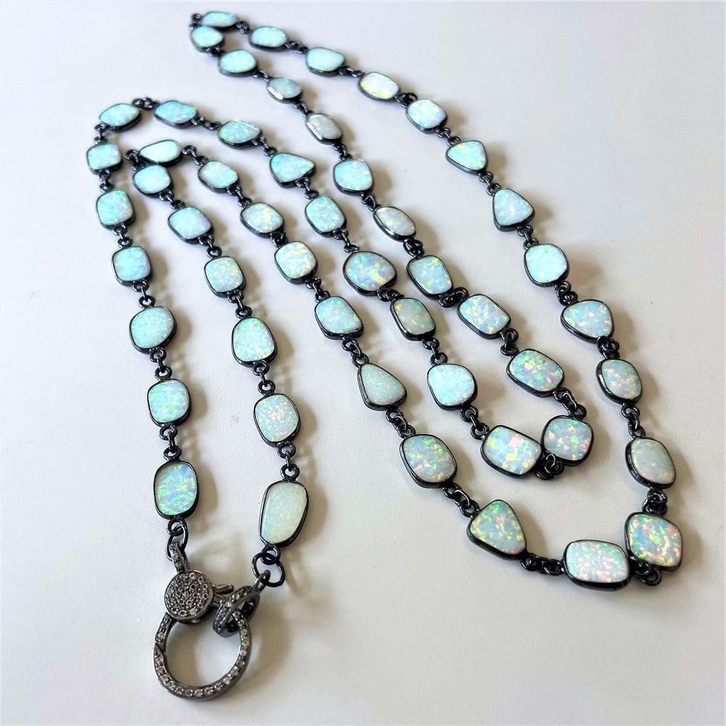 Large opal oxidized silver long necklace with diamond closure