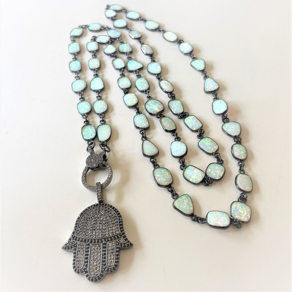 Large opal oxidized silver long necklace with diamond closure
