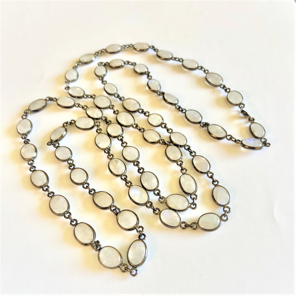 Oval Shaped Moonstone and Oxidized Sterling Silver Necklace