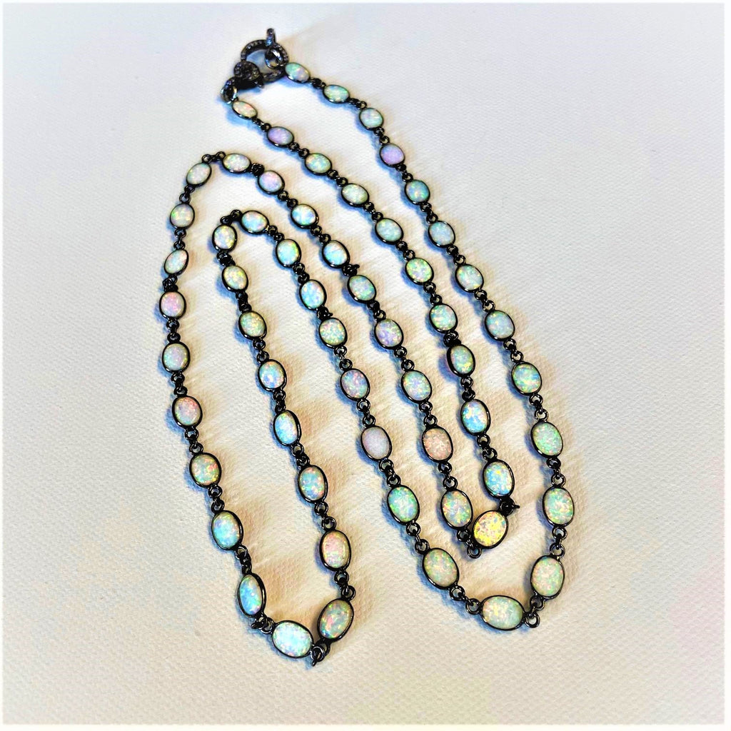 Opal and Oxidized Long Necklace with White Topaz Closure
