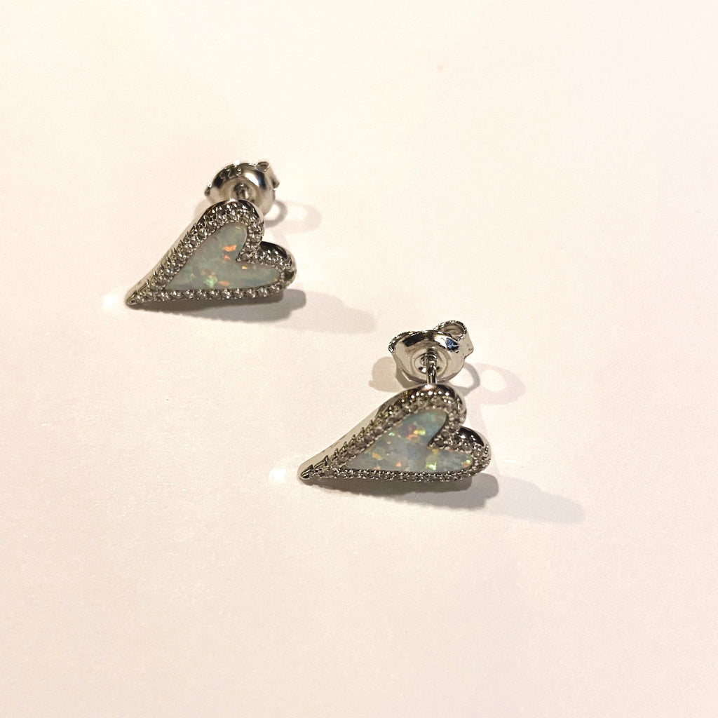 Amore Ethiopian White Opal Heart Stud Earrings